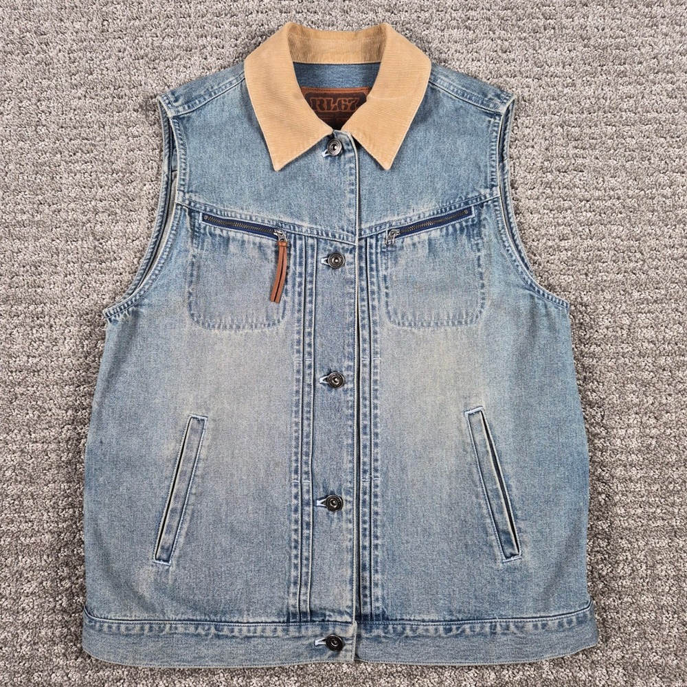 Lauren Jeans Ralph Lauren Vest Womens S Blue Denim Corduroy Collar RL67 Vtg 90s